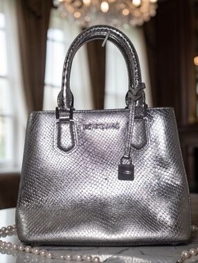 Michael Kors Silver Metallic Python Embossed Satchel Tote Bag Lock Charm
